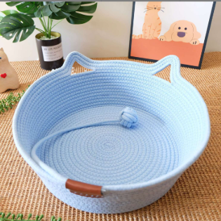 Small woven rattan cat nest in macaron blue with ball, view 5