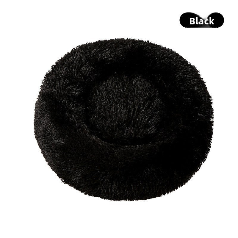 Round plush donut bed for dogs and cats in Black, size 40cm Diameter