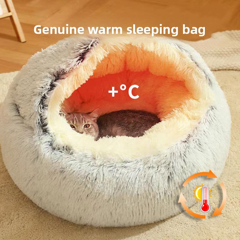 Semi-enclosed shell cat bed in soft plush, main product photo