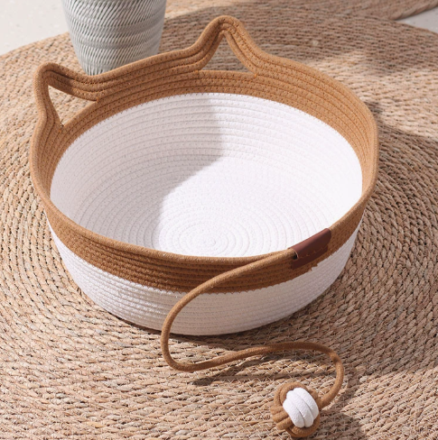 Grey cotton rope cat bed with scratcher and play ball, view 3