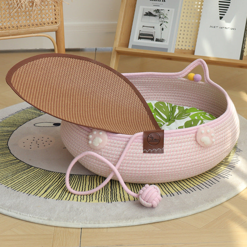 Handmade rattan cat bed with scratching board and ball