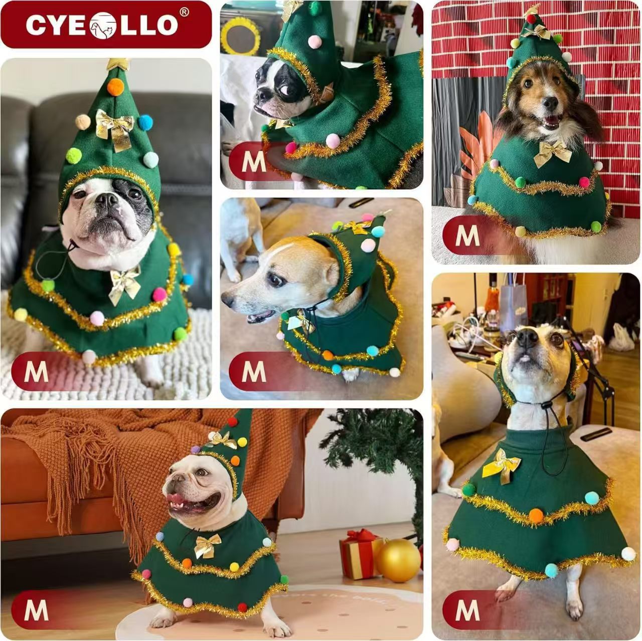 Green festive dog cape with cartoon Christmas design