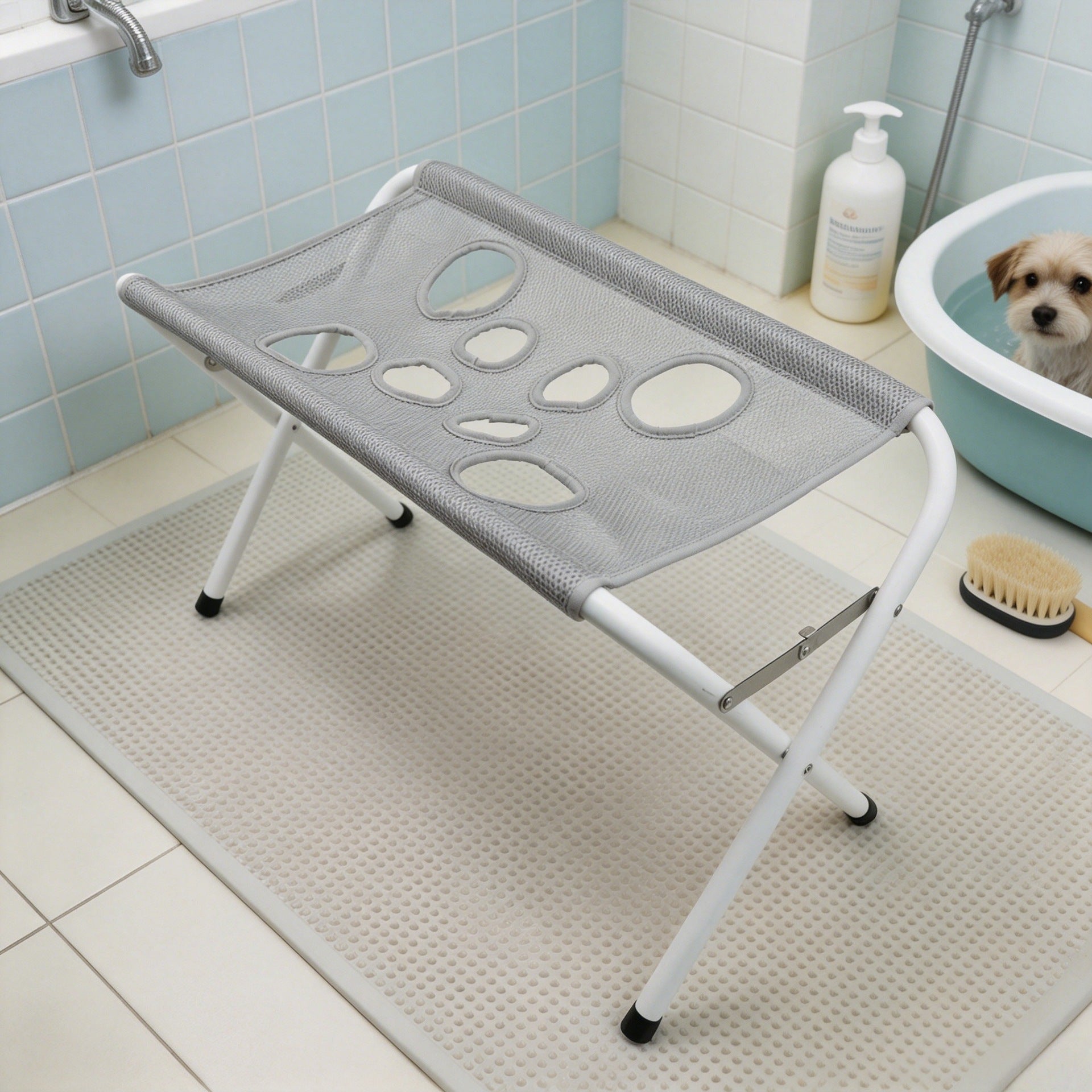 Foldable stainless steel pet bathing rack holding a dog in the bath