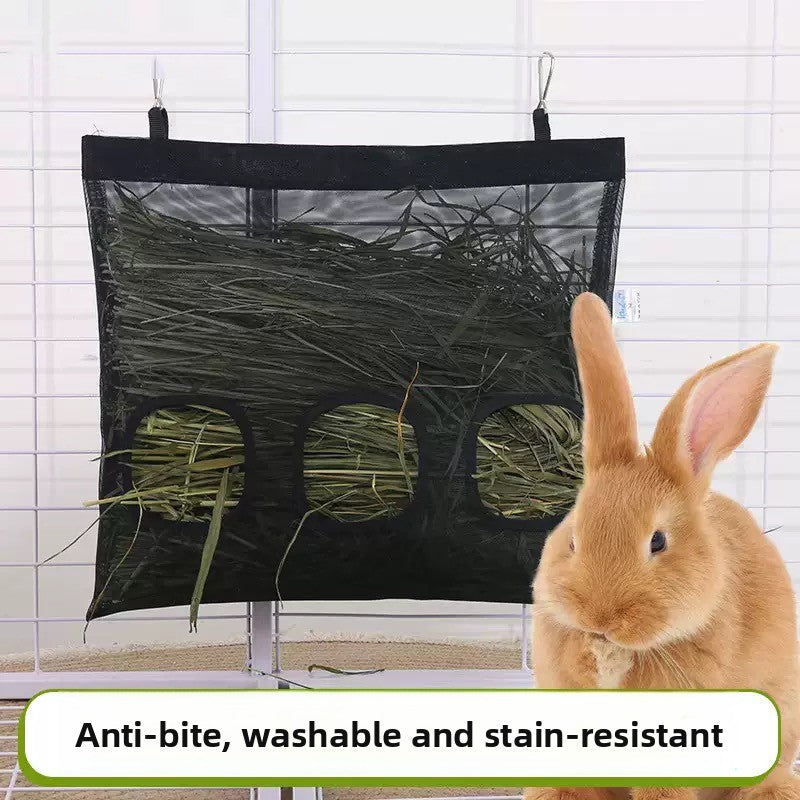 Hanging washable rabbit hay bag in black or white, view 1