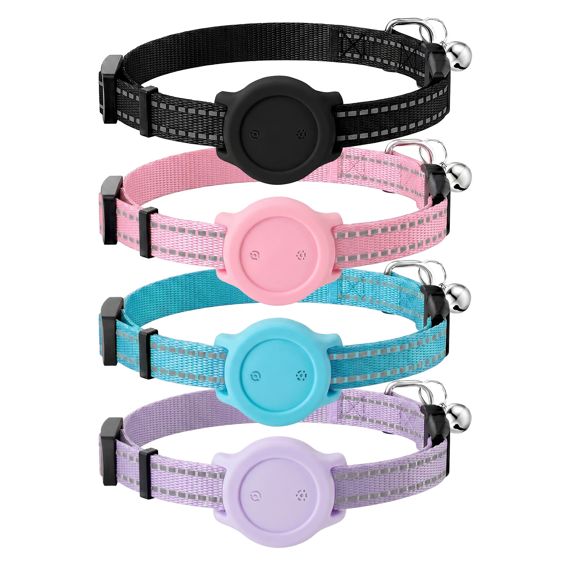 Reflective Bluetooth tracker collar for cats and small dogs, showing size and shape