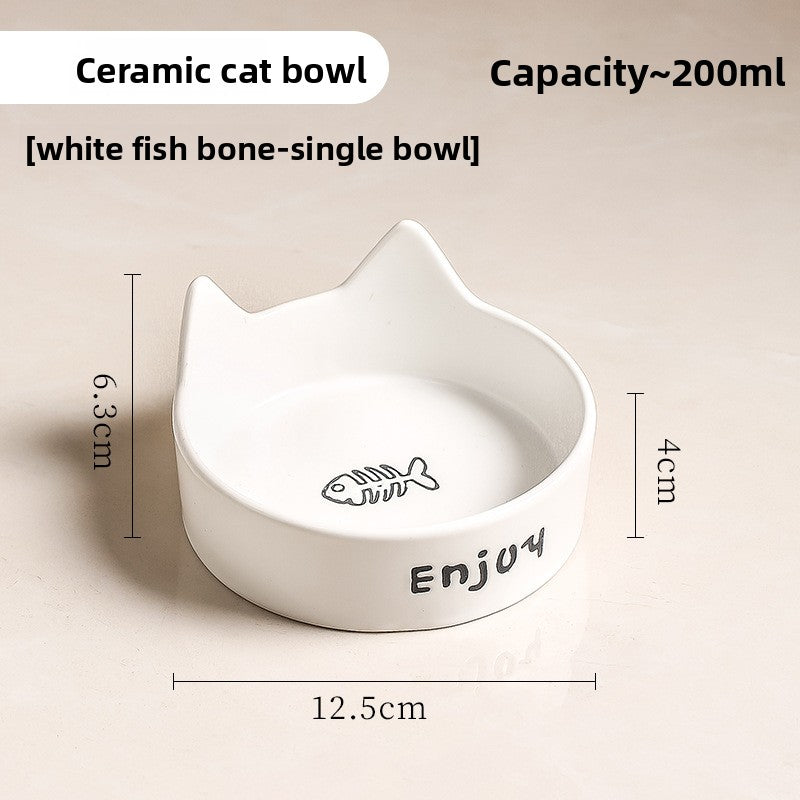 Anti-Spill Ceramic Pet Bowl with Wooden Stand and Cat Ear, Paw or Fish Bone Design