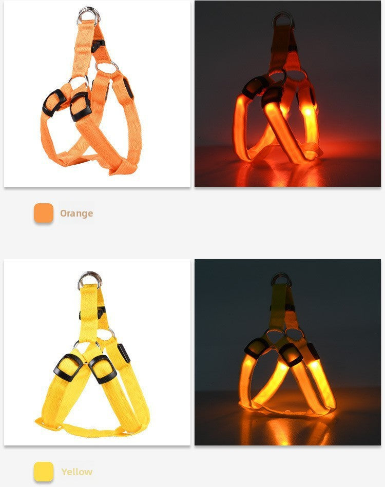 Light up dog harness with reflective strap shown in seven colours