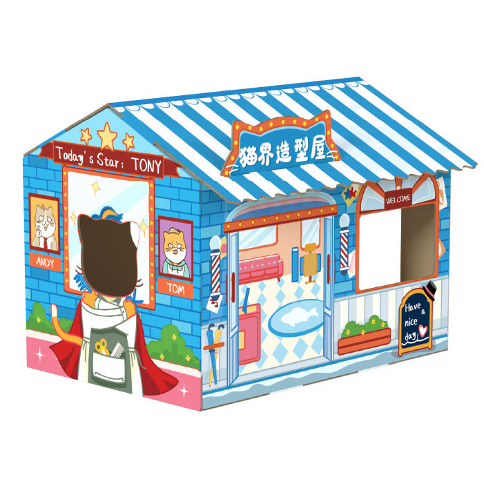 Corrugated cardboard cat house with coffee shop front design, view 10
