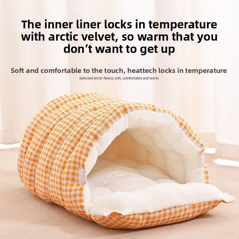 Enclosed warm cat nest with checked fabric and removable cushion, view 3 of 12