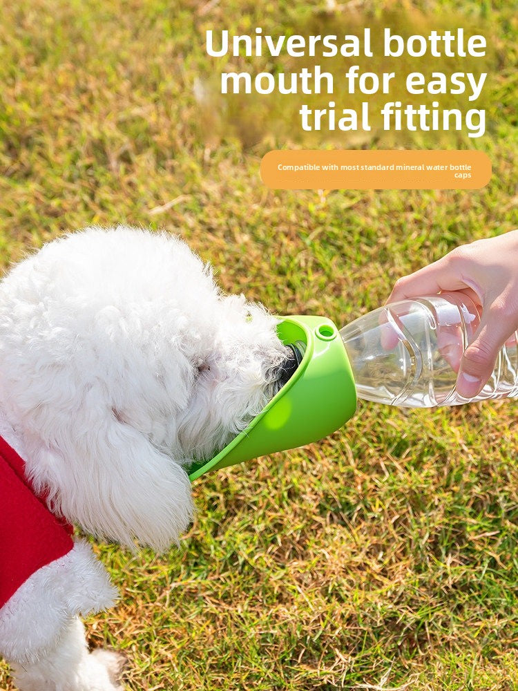 Silicone dog water bottle with foldable U-shaped lid in Pink Single, front view