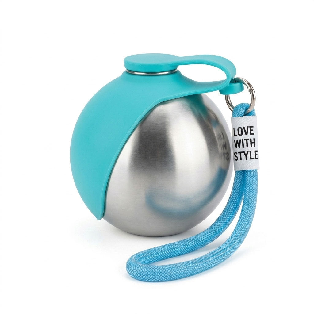 Stainless steel dog water bottle with hook in Pink Blue Bottle, front view