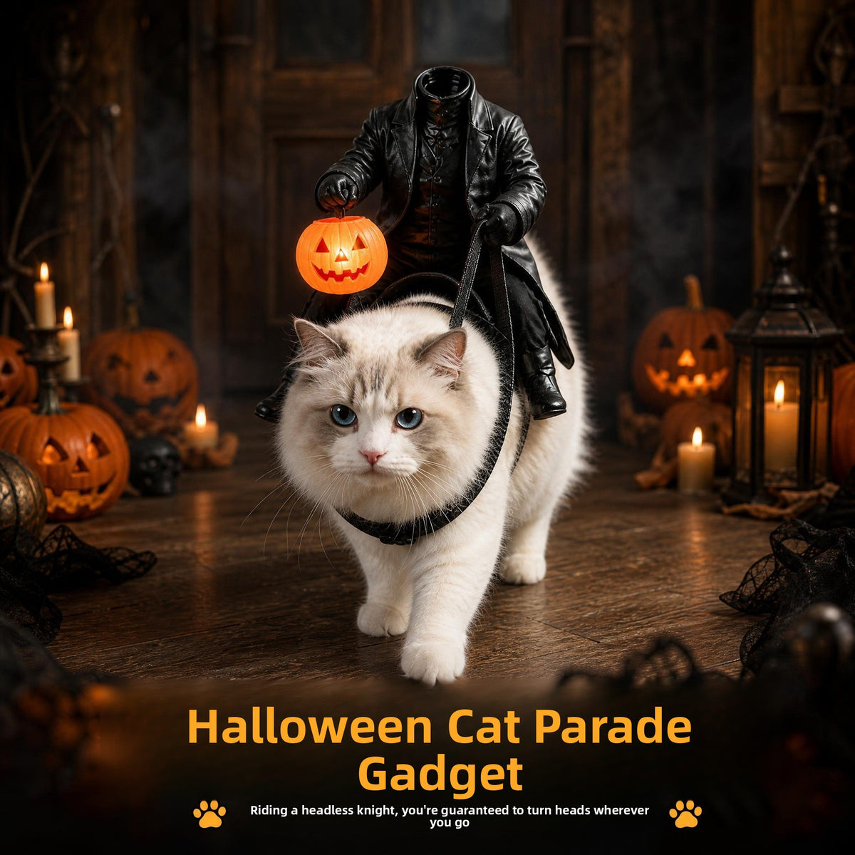 Cat dressed as a headless horseman with a pumpkin lantern
