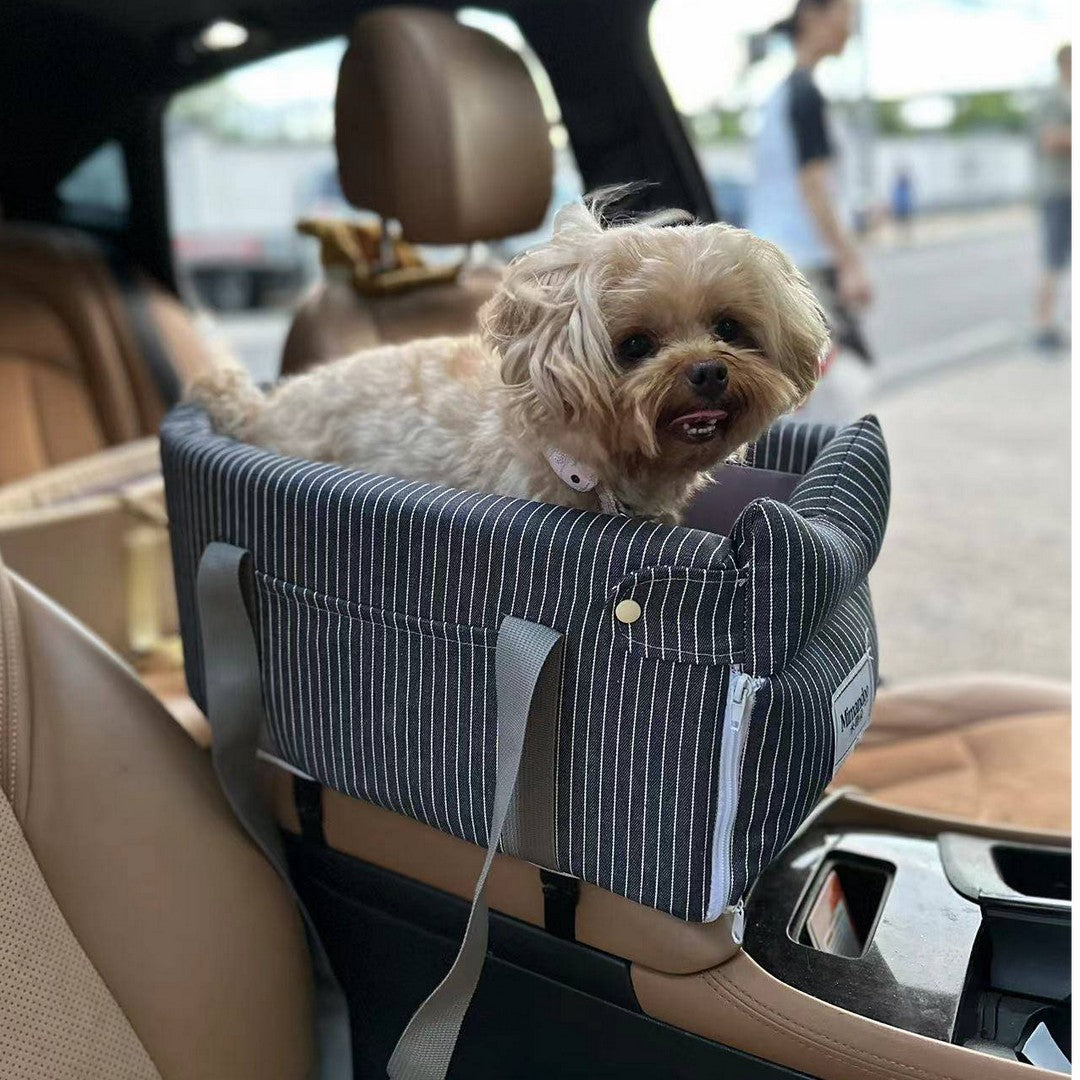 Car console pet seat for small dogs and cats, close-up detail view