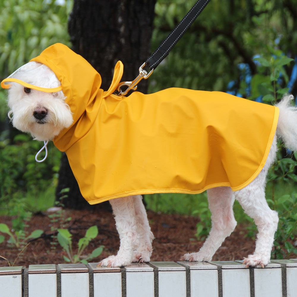 Waterproof PU dog raincoat cape with belly cover in Yolk Print, front view