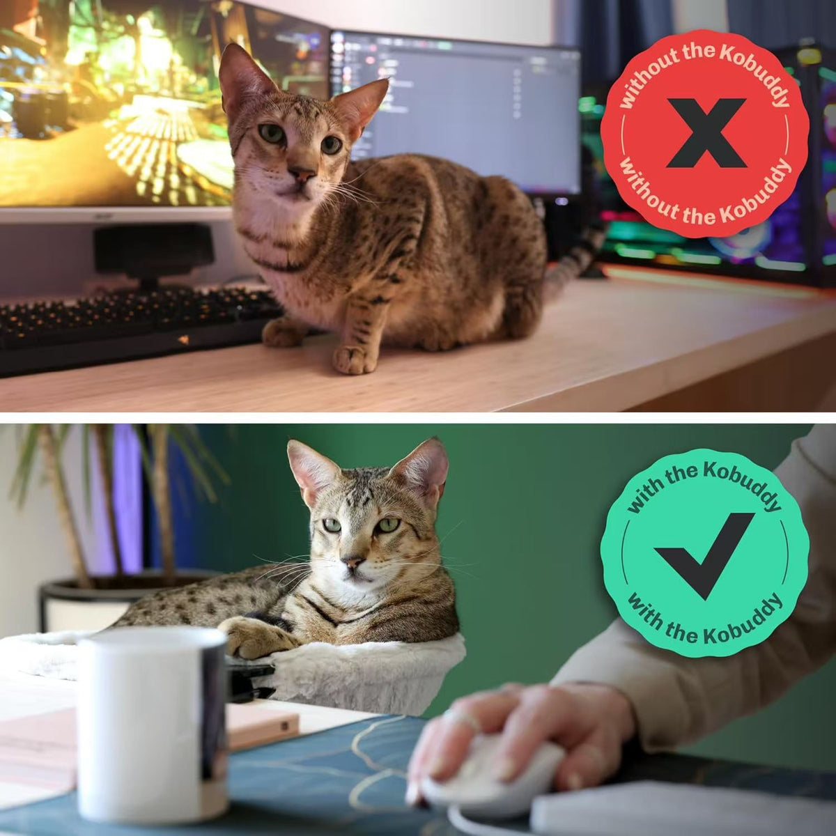 Grey desk-mounted cat nest with climbing rack and plush hammock, product image 3