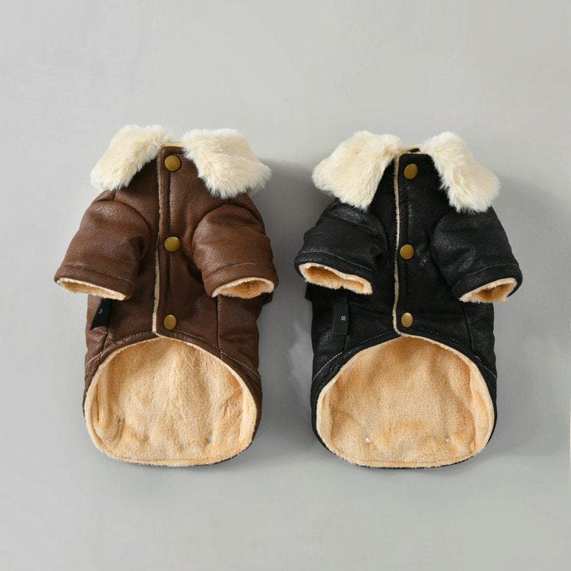 Thick flannel dog jacket with faux fur collar in Black, close-up detail