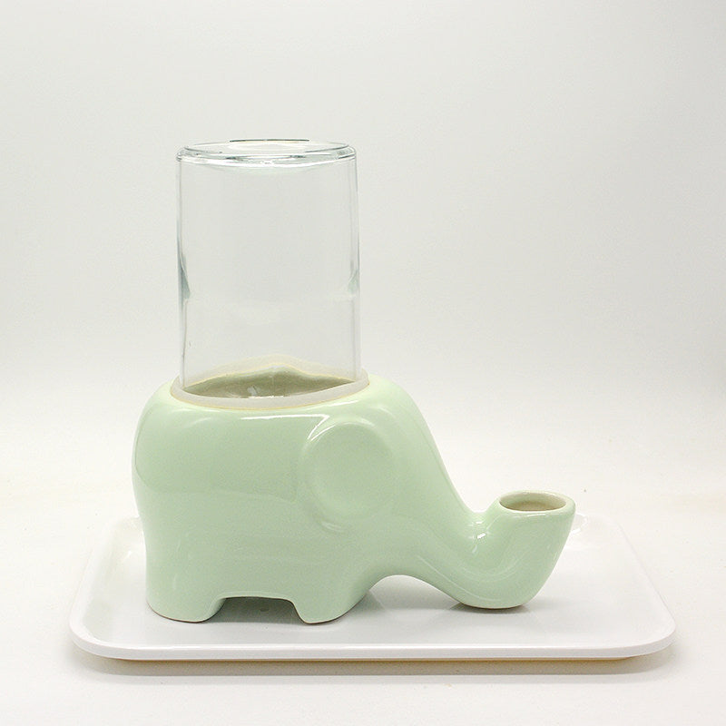 Ceramic Automatic Cat Water Dispenser with Elephant Design and Glass Bottle