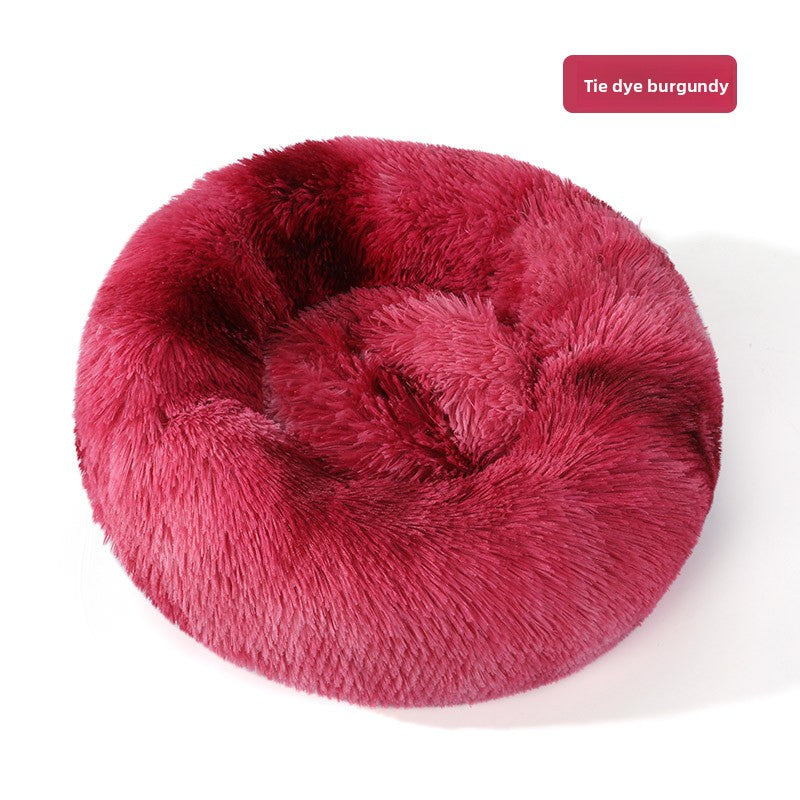 Plush round padded dog and cat bed in Tie-Dye Burgundy