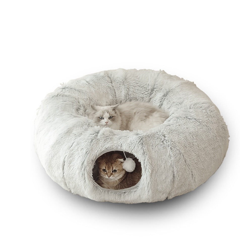 Grey plush cat tunnel bed with cosy nest end, photo 5