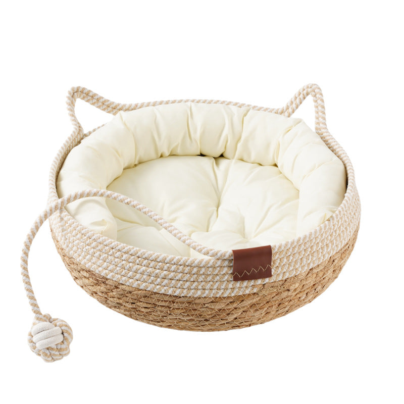 Woven rattan cat nest bed with white cotton pad