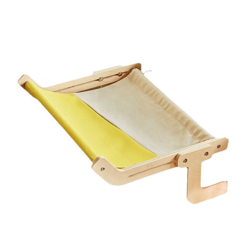 Window hanging cat bed with wooden frame and grey linen seat