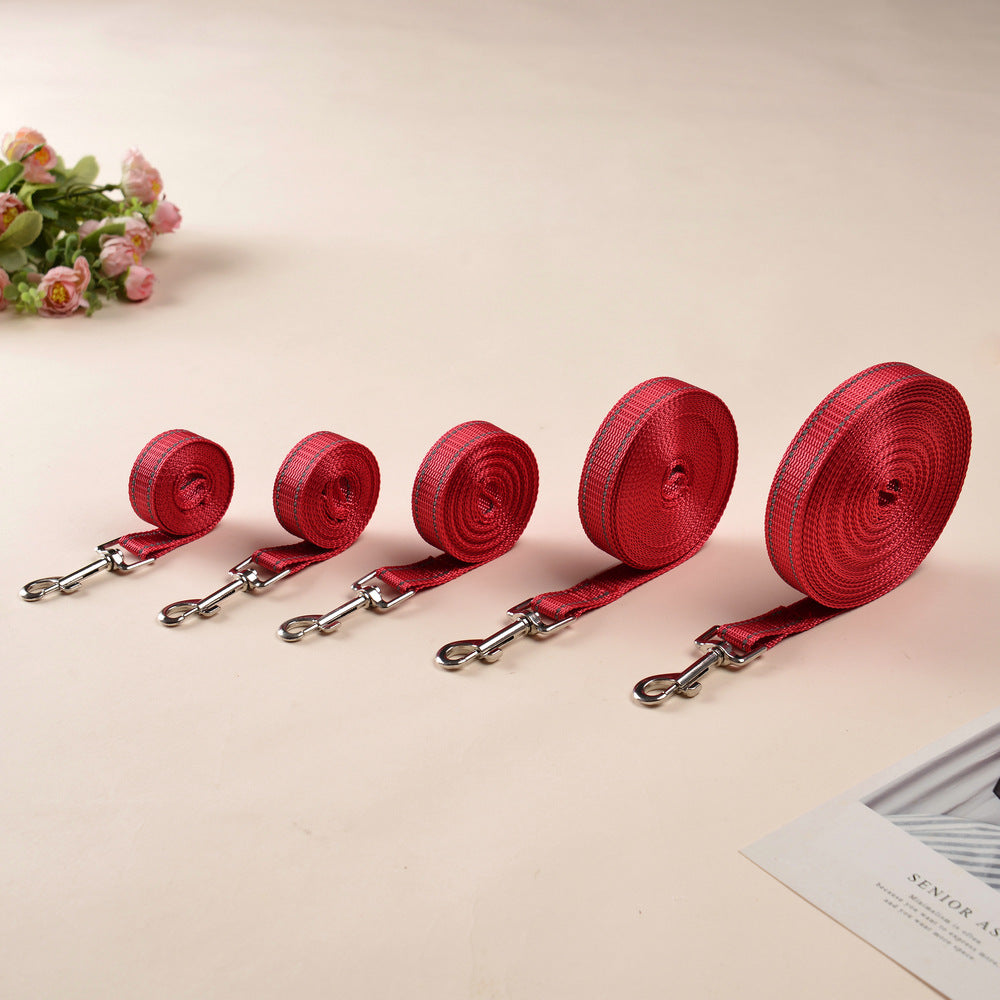 Reflective dog training line in red coiled on grass