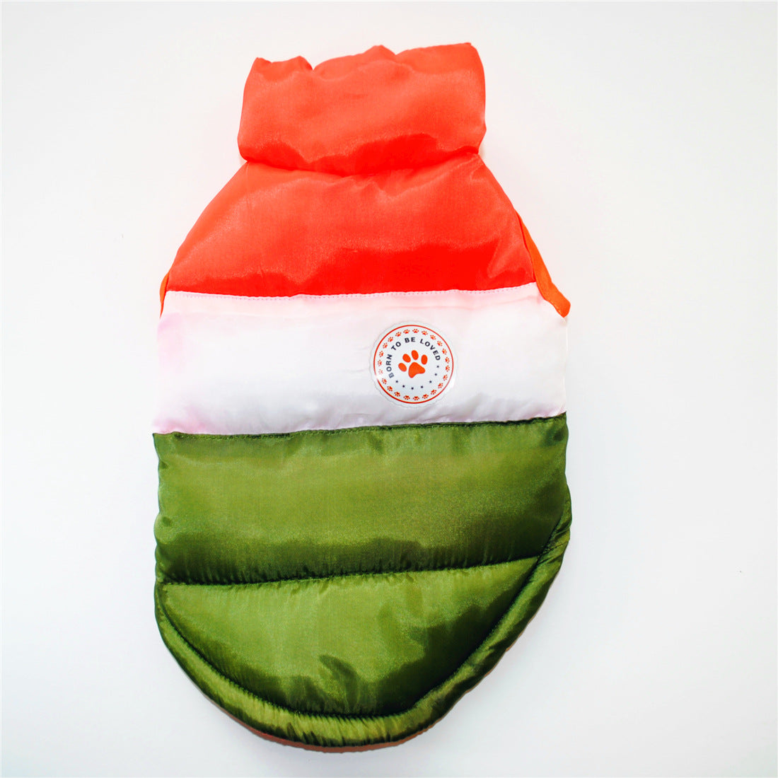 Colour block puffer dog coat with button front in Army Green, material detail