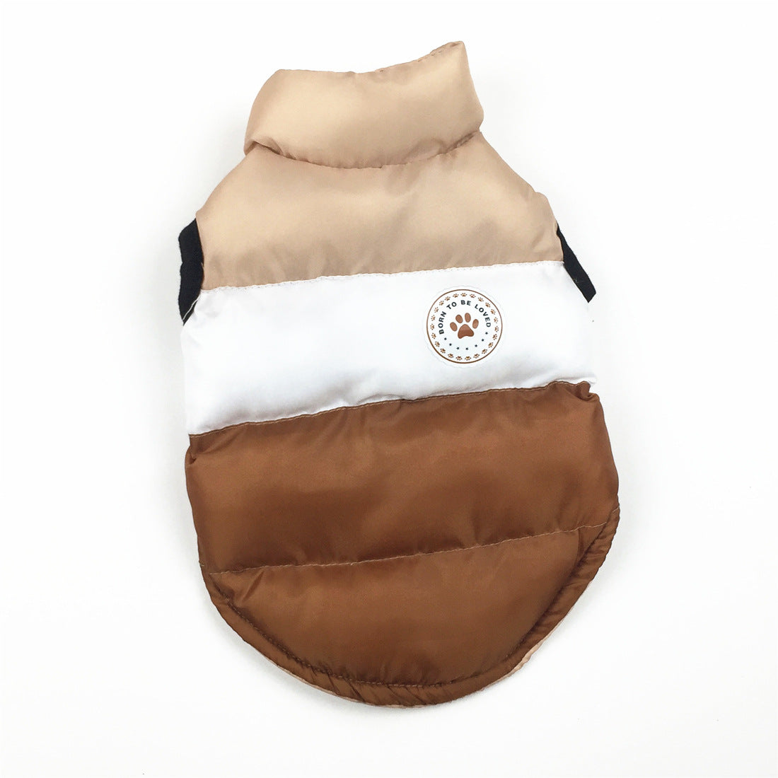 Colour block puffer dog coat with button front in Blue, front view