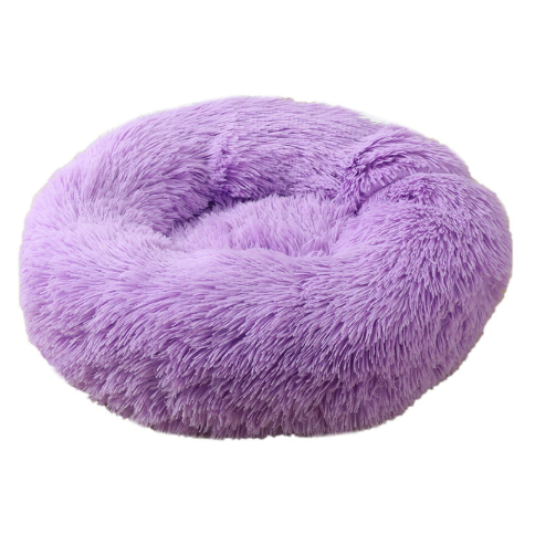 Light grey round long plush pet bed for cats, photo 4