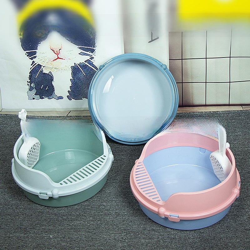 Round Semi-Enclosed Cat Litter Box with Shovel, Scratch Resistant
