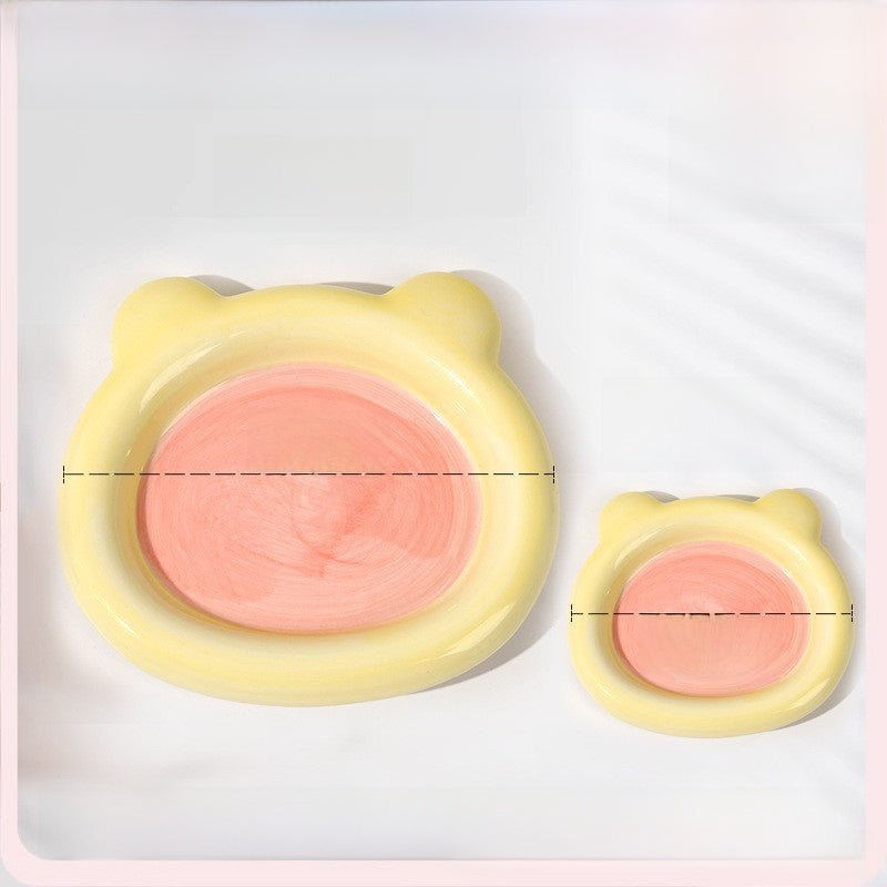Glazed ceramic pet food plate with bear design in blue and pink, view 8