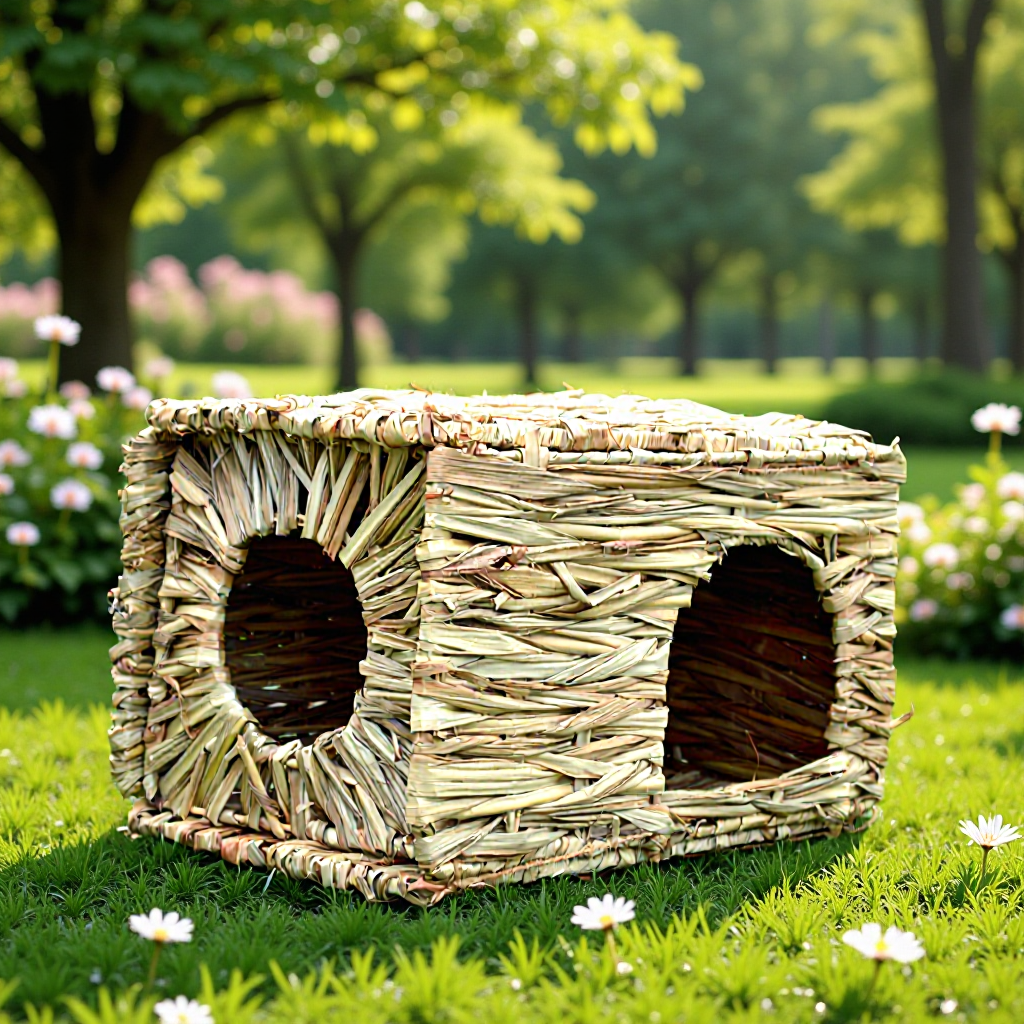 Foldable woven grass hideout house for hamsters and rabbits, view 1