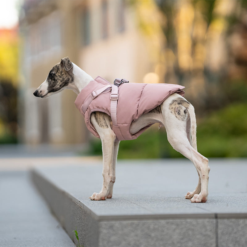 Water-resistant padded dog winter jacket in Smoke Pink, front view