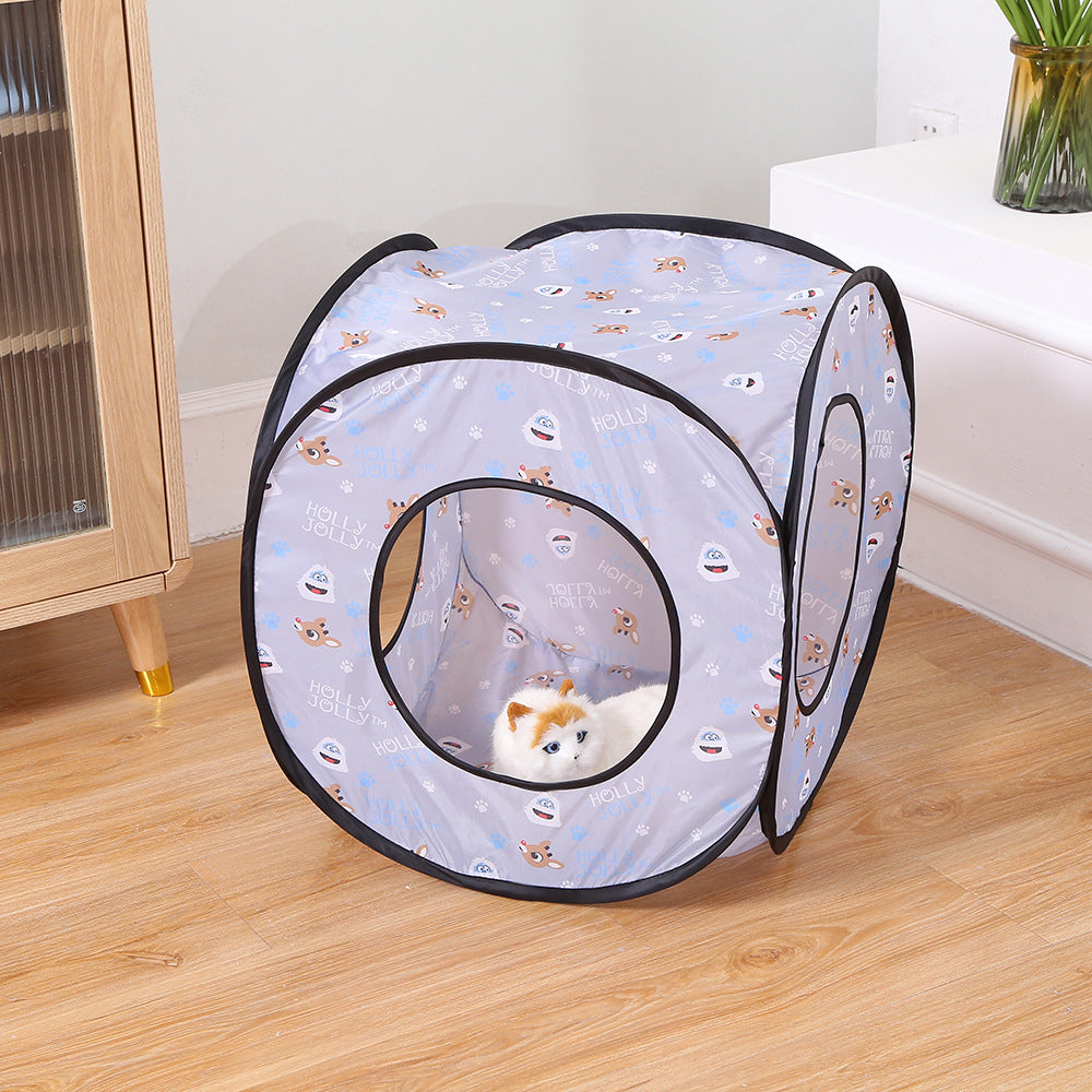 Foldable cat tent bed with play tunnel in rose red, view 2