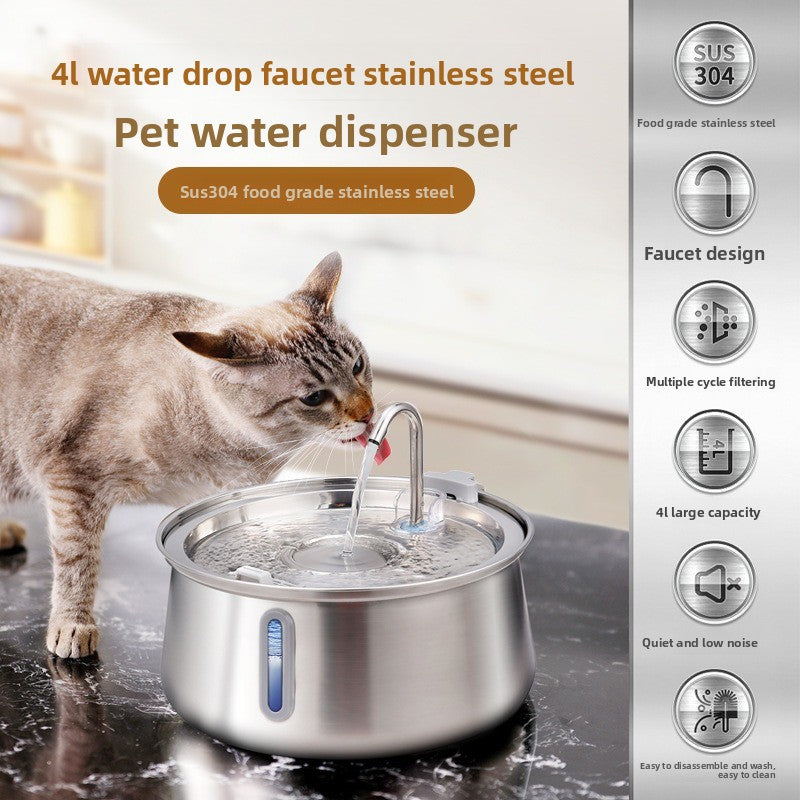 4L Stainless Steel Pet Water Fountain with Visible Window, Silent Pump and USB Power