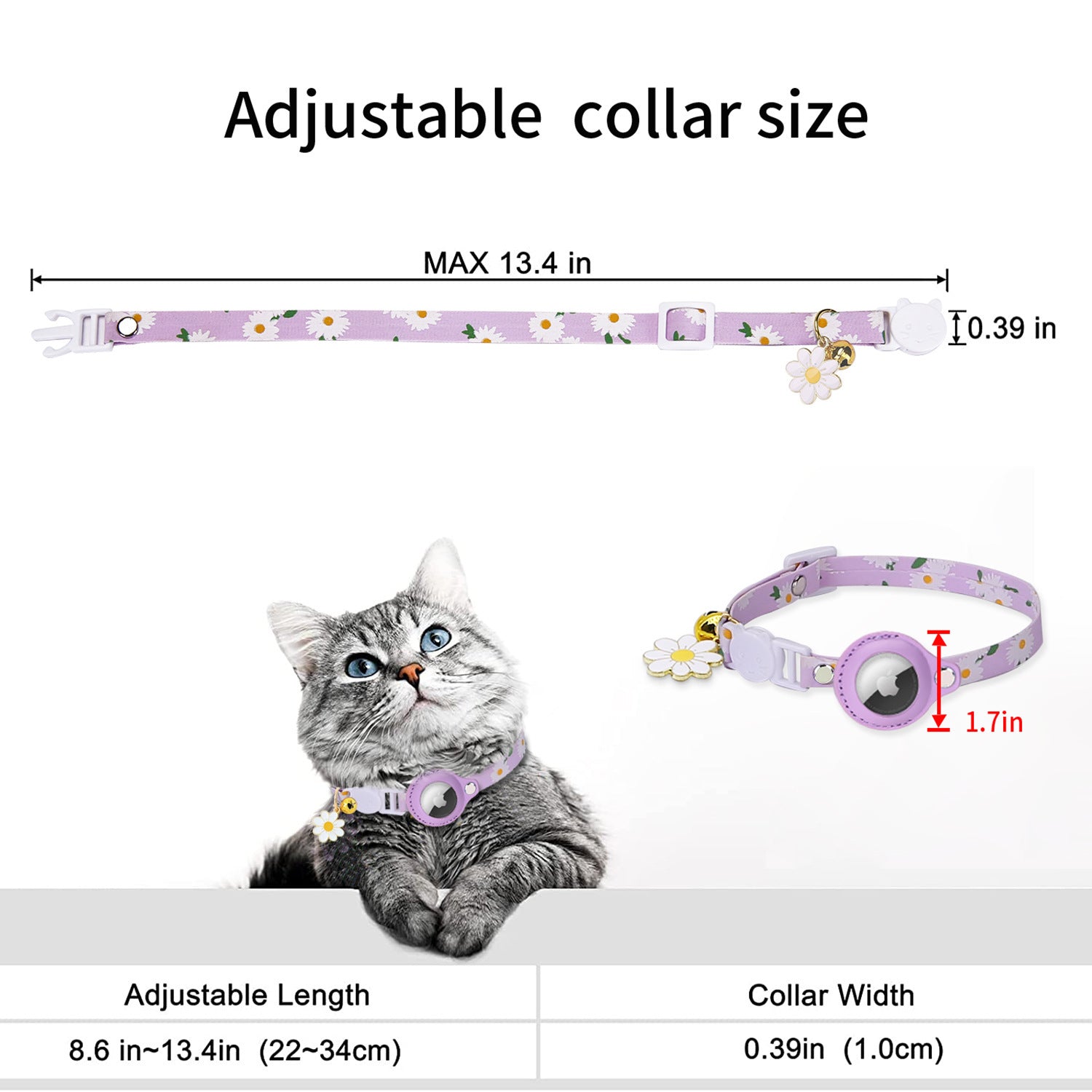 Printed cat collar with tracker tag holder in green on a cat