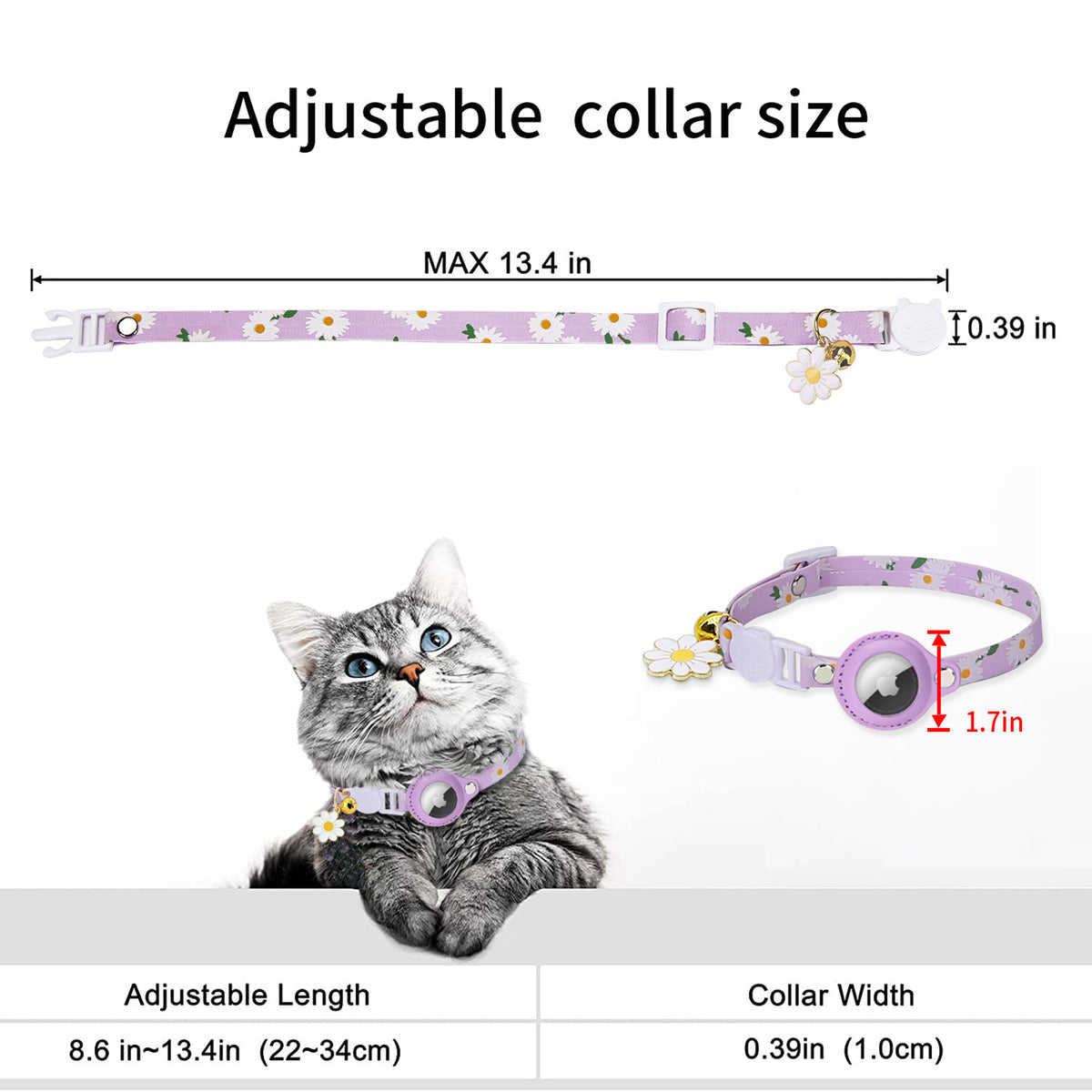 Printed cat collar with tracker tag holder in green on a cat