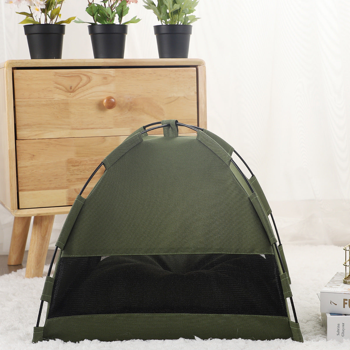 Army green semi enclosed pet tent bed for cats, view 3