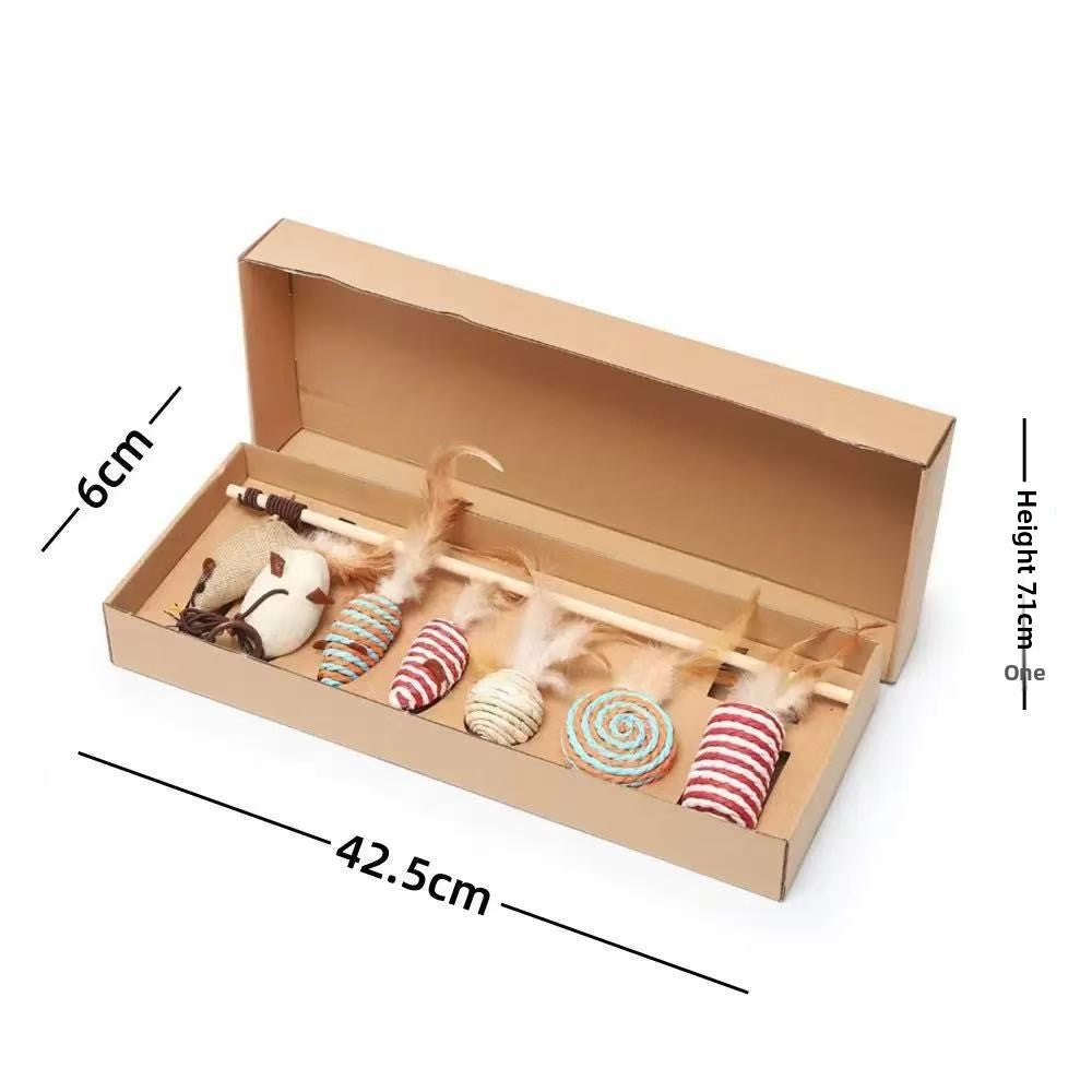 Interactive 7 piece cat toy set with feather teaser and bell, view 4