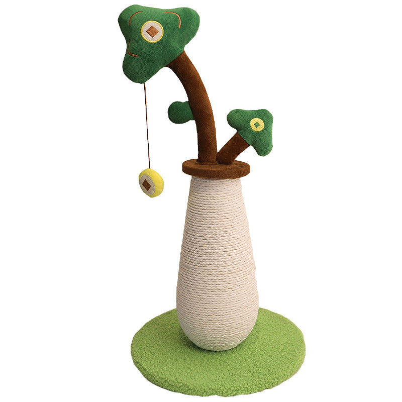 Kitten scratching a sisal rope vertical climbing post