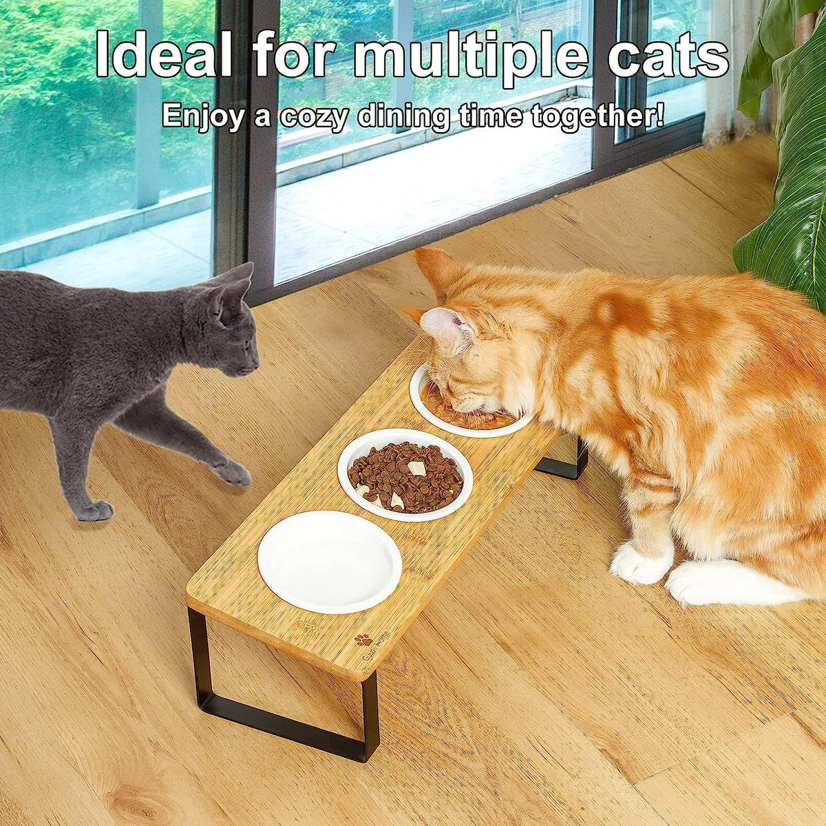 Elevated wooden cat feeding stand with three bowls, photo 3 of 5