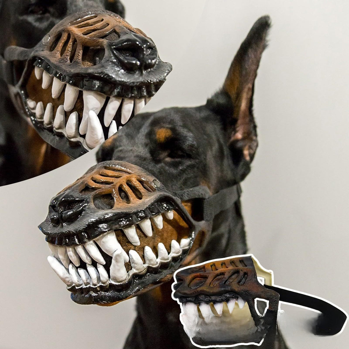 Latex dinosaur skull Halloween mask with movable teeth on a dog, view 2