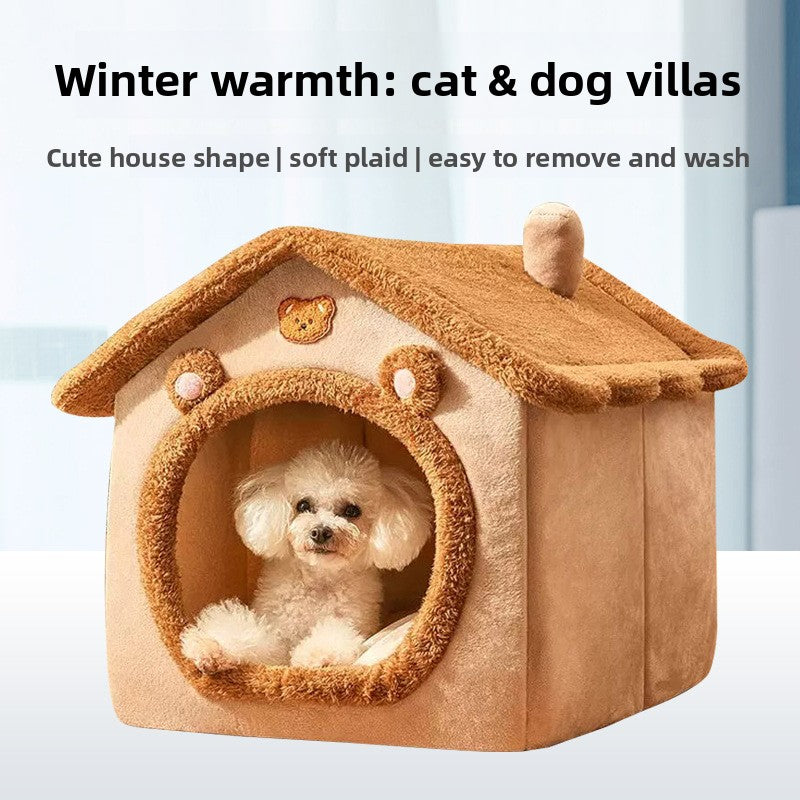 Warm brown semi enclosed flannel cat house, view 3