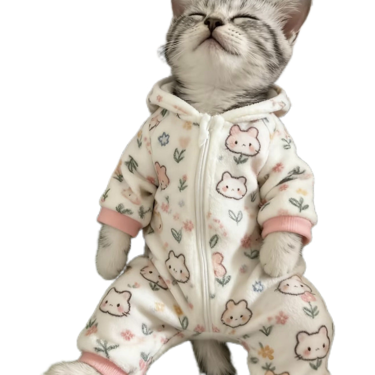 Cute kitty print pet pyjamas on a small dog, view 2