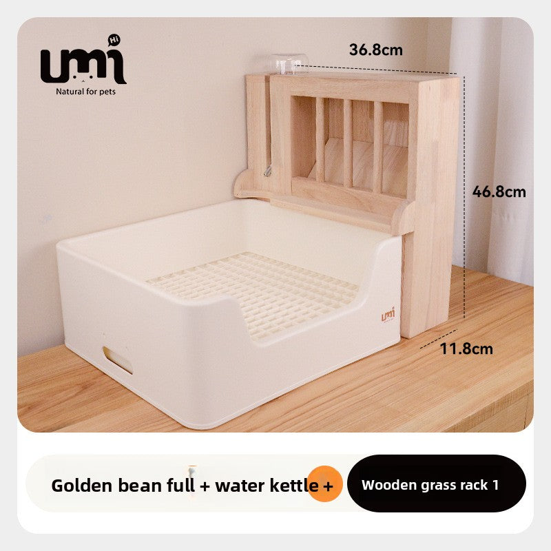 Extra large rabbit litter box with hay rack, close-up detail view