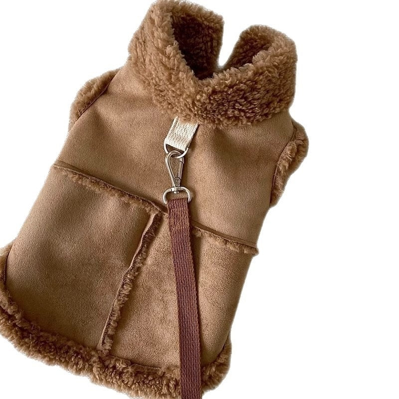 Small dog wearing a brown suede effect vest