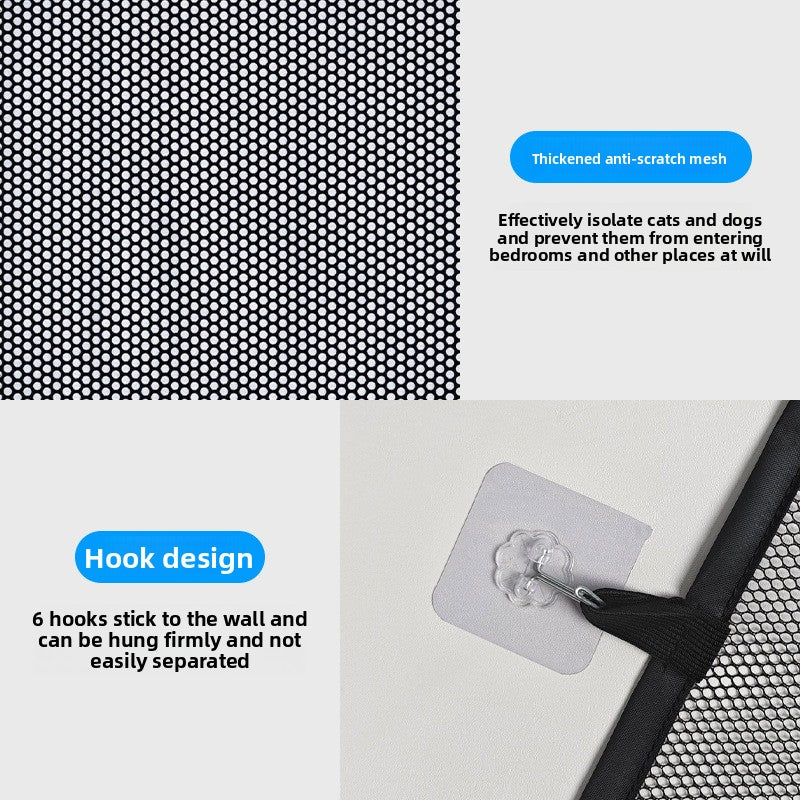 Foldable mesh pet gate barrier across a doorway
