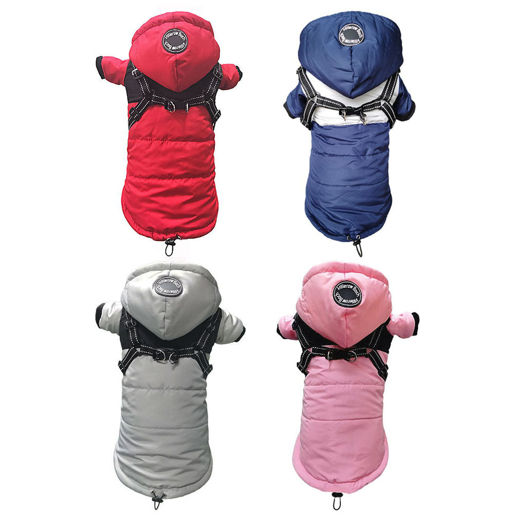 Hooded waterproof dog jacket with built-in harness in Grey, front view