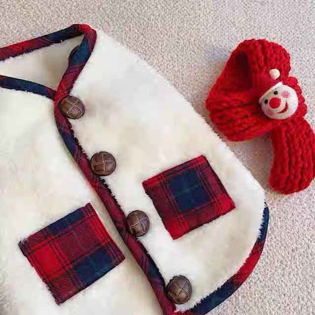 Christmas coral fleece pet vest with matching scarf in Navy Christmas Vest, side view