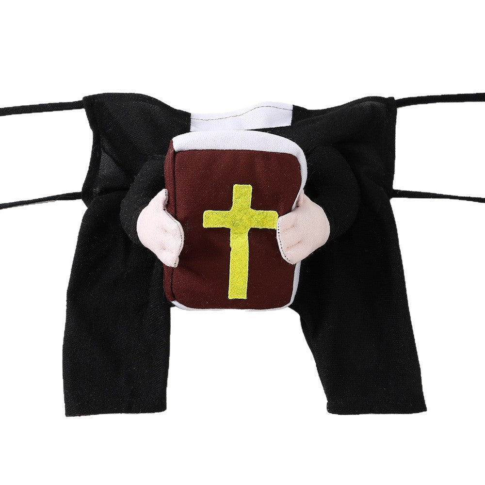 Pet Halloween costumes in priest, nun and basketball styles